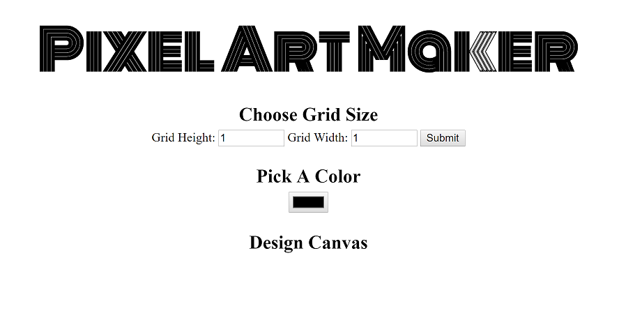 Pixel art maker display before choosing the grid size or color